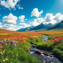 A breathtaking landscape showcasing a vast, vibrant meadow filled with wildflowers in various colors including bright yellows, deep purples, and vivid reds