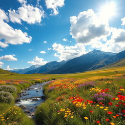 A breathtaking landscape showcasing a vast, vibrant meadow filled with wildflowers in various colors including bright yellows, deep purples, and vivid reds