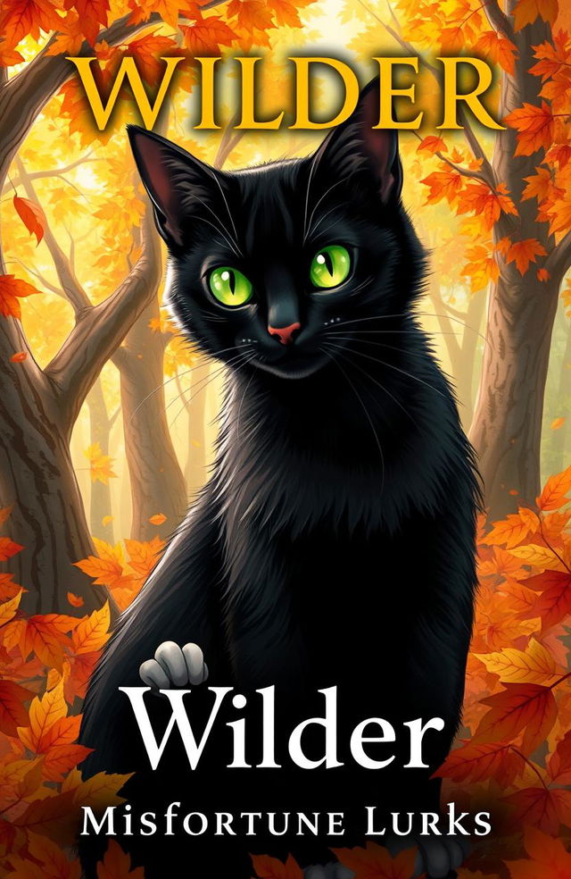 A semi-realistic cover illustration for a book titled 'Wilder' with the subtitle 'Misfortune Lurks', featuring a striking black cat with vibrant green eyes and distinctive white paws