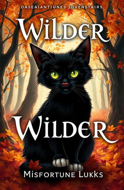 A semi-realistic cover illustration for a book titled 'Wilder' with the subtitle 'Misfortune Lurks', featuring a striking black cat with vibrant green eyes and distinctive white paws