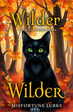 A semi-realistic cover illustration for a book titled 'Wilder' with the subtitle 'Misfortune Lurks', featuring a striking black cat with vibrant green eyes and distinctive white paws