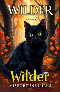 A semi-realistic cover illustration for a book titled 'Wilder' with the subtitle 'Misfortune Lurks', featuring a striking black cat with vibrant green eyes and distinctive white paws