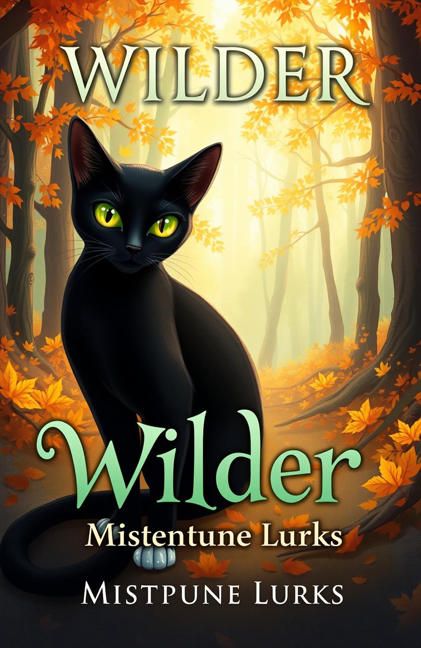 A book cover illustration featuring a sleek black cat with striking green eyes and distinct white paws, set against a backdrop of an enchanting autumn forest