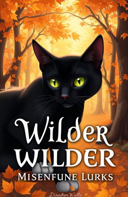 A book cover illustration featuring a sleek black cat with striking green eyes and distinct white paws, set against a backdrop of an enchanting autumn forest