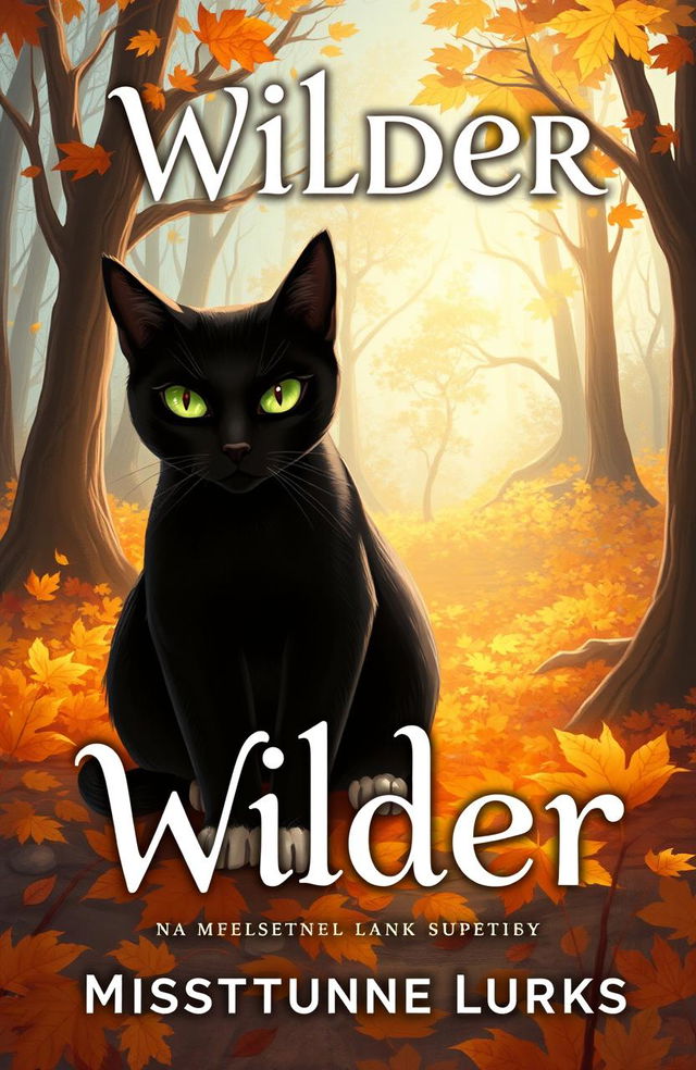 A book cover illustration featuring a sleek black cat with striking green eyes and distinct white paws, set against a backdrop of an enchanting autumn forest