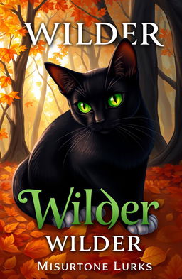 A book cover illustration featuring a sleek black cat with striking green eyes and distinct white paws, set against a backdrop of an enchanting autumn forest