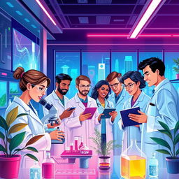 In a not-too-distant future, a diverse group of dedicated scientists, both men and women, collaborating in a high-tech laboratory setting, surrounded by advanced medical equipment and glowing screens displaying research data