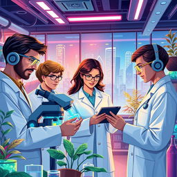 In a not-too-distant future, a diverse group of dedicated scientists, both men and women, collaborating in a high-tech laboratory setting, surrounded by advanced medical equipment and glowing screens displaying research data