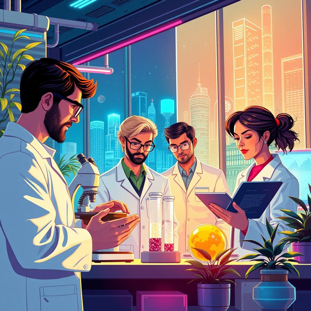 In a not-too-distant future, a diverse group of dedicated scientists, both men and women, collaborating in a high-tech laboratory setting, surrounded by advanced medical equipment and glowing screens displaying research data