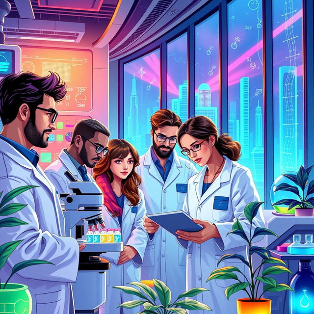 In a not-too-distant future, a diverse group of dedicated scientists, both men and women, collaborating in a high-tech laboratory setting, surrounded by advanced medical equipment and glowing screens displaying research data