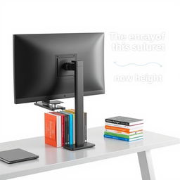 An image featuring a modern monitor stand with adjustable height features on a sleek desk