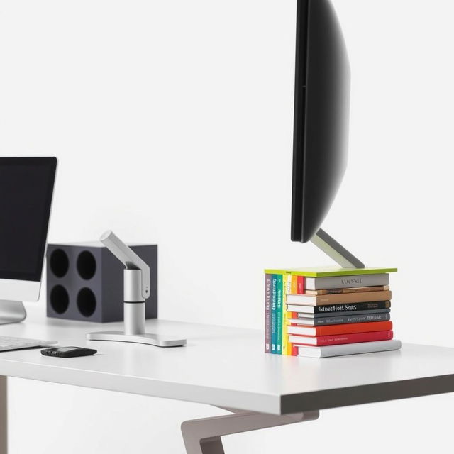 An image featuring a modern monitor stand with adjustable height features on a sleek desk