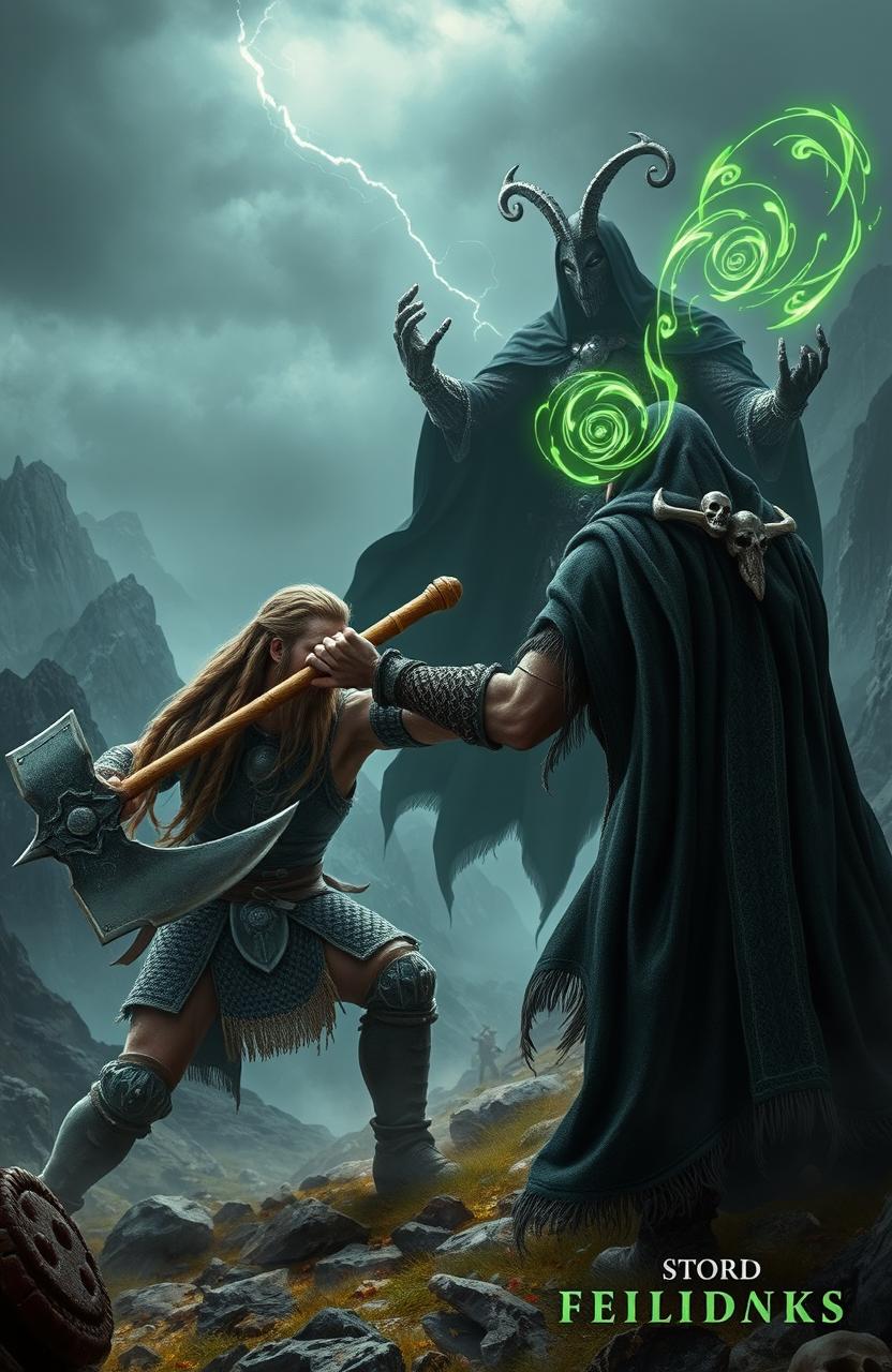 A dramatic scene in a sword and sorcery setting, showcasing a fierce Viking warrior clashing with a dark necromancer in an ancient, misty landscape