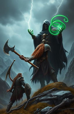A dramatic scene in a sword and sorcery setting, showcasing a fierce Viking warrior clashing with a dark necromancer in an ancient, misty landscape