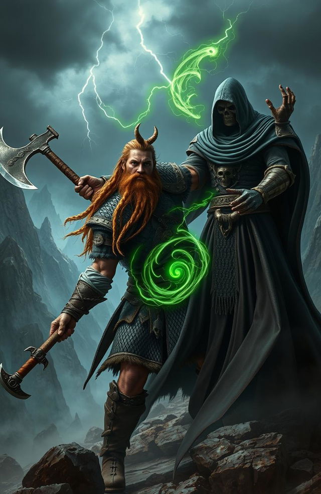 A dramatic scene in a sword and sorcery setting, showcasing a fierce Viking warrior clashing with a dark necromancer in an ancient, misty landscape