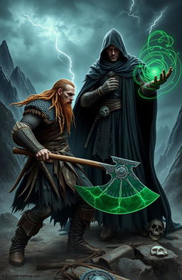 A dramatic scene in a sword and sorcery setting, showcasing a fierce Viking warrior clashing with a dark necromancer in an ancient, misty landscape