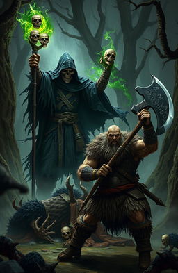 A dramatic scene depicting a fierce clash between a necromancer and a viking warrior in a dark, mystical forest