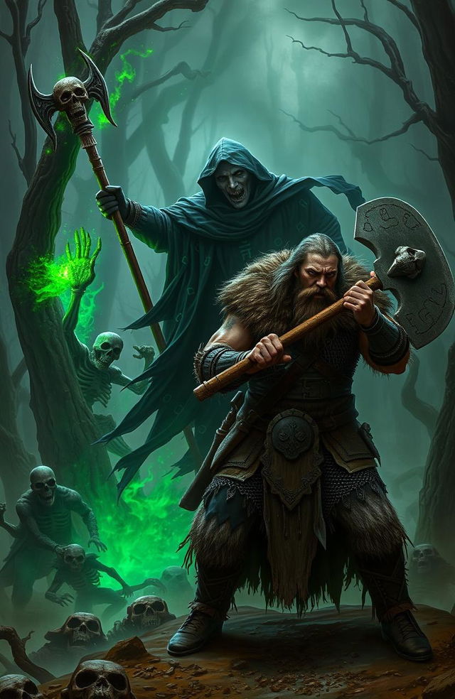 A dramatic scene depicting a fierce clash between a necromancer and a viking warrior in a dark, mystical forest