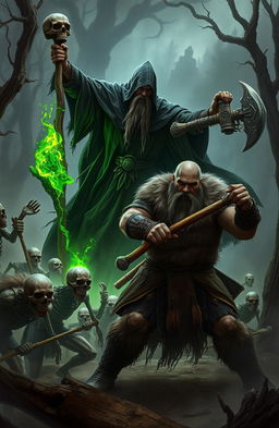 A dramatic scene depicting a fierce clash between a necromancer and a viking warrior in a dark, mystical forest