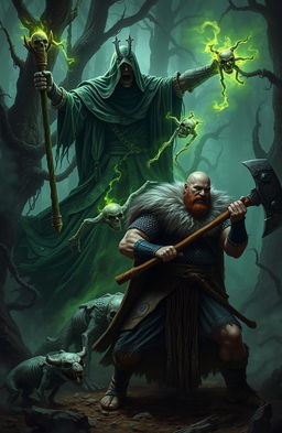 A dramatic scene depicting a fierce clash between a necromancer and a viking warrior in a dark, mystical forest
