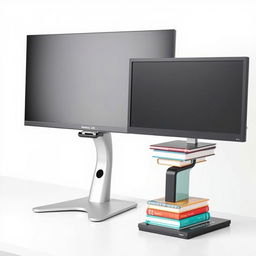 An image featuring a simple, modern desk with a sleek computer monitor mounted on an adjustable-height stand