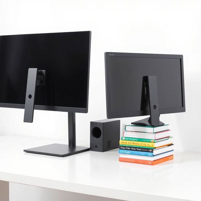 An image featuring a simple, modern desk with a sleek computer monitor mounted on an adjustable-height stand