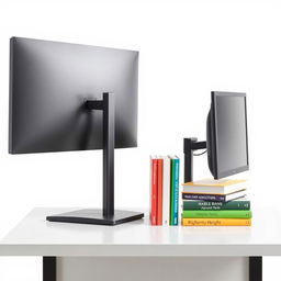 An image featuring a simple, modern desk with a sleek computer monitor mounted on an adjustable-height stand