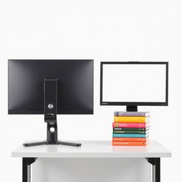An image featuring a simple, modern desk with a sleek computer monitor mounted on an adjustable-height stand