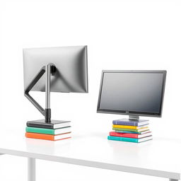 An image featuring a modern, simple desk with a sleek computer monitor mounted on an adjustable-height stand, showcasing its ergonomic design