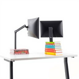 An image featuring a modern, simple desk with a sleek computer monitor mounted on an adjustable-height stand, showcasing its ergonomic design