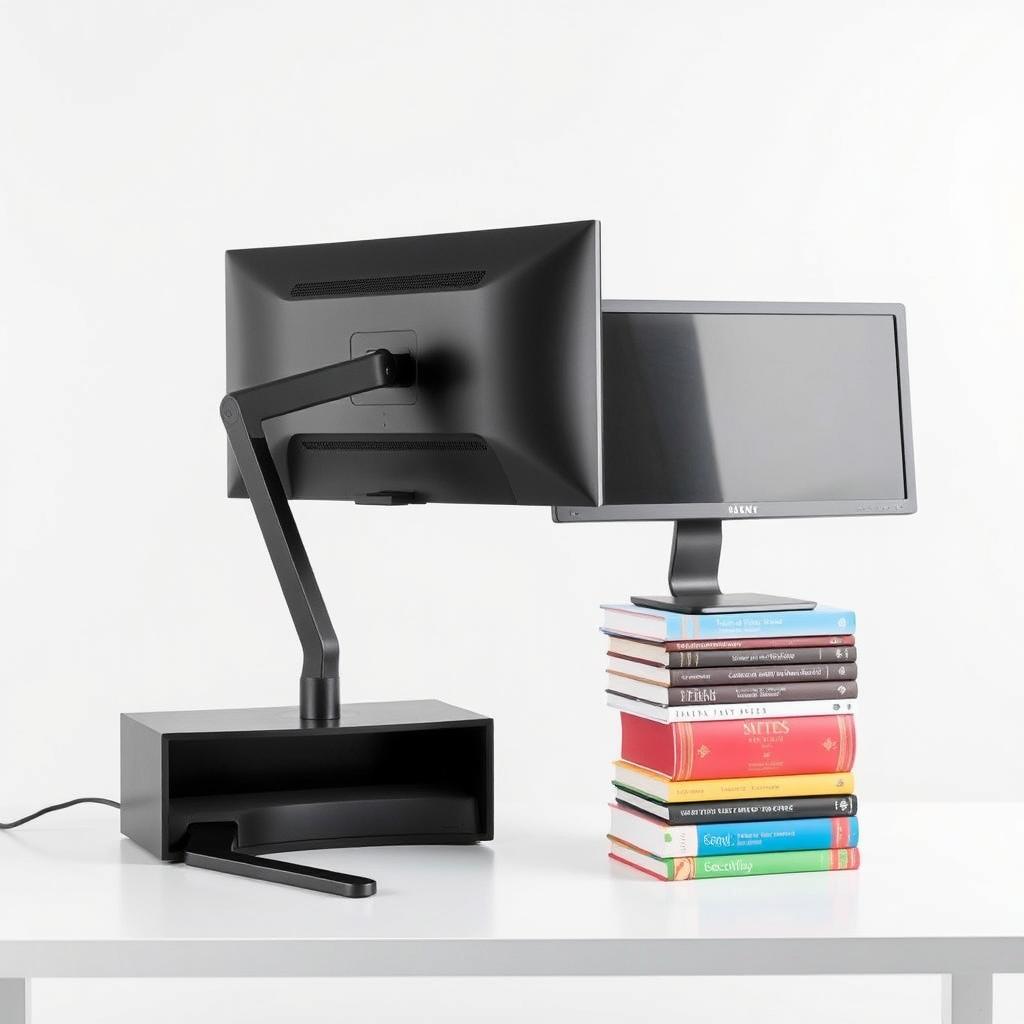 An image featuring a modern, simple desk with a sleek computer monitor mounted on an adjustable-height stand, showcasing its ergonomic design