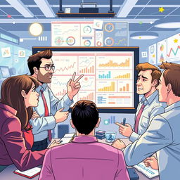 A beautifully illustrated scene depicting a team of professionals gathered around a large screen displaying complex graphs and confusing data