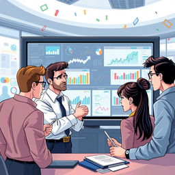 A beautifully illustrated scene depicting a team of professionals gathered around a large screen displaying complex graphs and confusing data