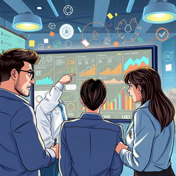 A beautifully illustrated scene depicting a team of professionals gathered around a large screen displaying complex graphs and confusing data