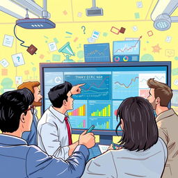 A beautifully illustrated scene depicting a team of professionals gathered around a large screen displaying complex graphs and confusing data