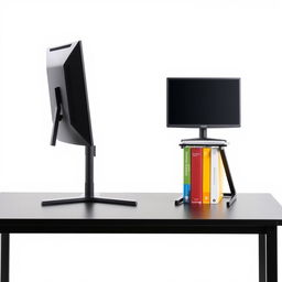 An image depicting a simple, modern desk featuring a computer monitor on an adjustable-height stand, showcasing its ergonomic design