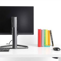 An image depicting a simple, modern desk featuring a computer monitor on an adjustable-height stand, showcasing its ergonomic design
