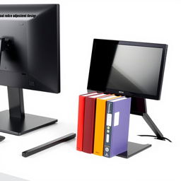 An image depicting a simple, modern desk featuring a computer monitor on an adjustable-height stand, showcasing its ergonomic design