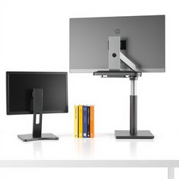 An image depicting a simple, modern desk featuring a computer monitor on an adjustable-height stand, showcasing its ergonomic design