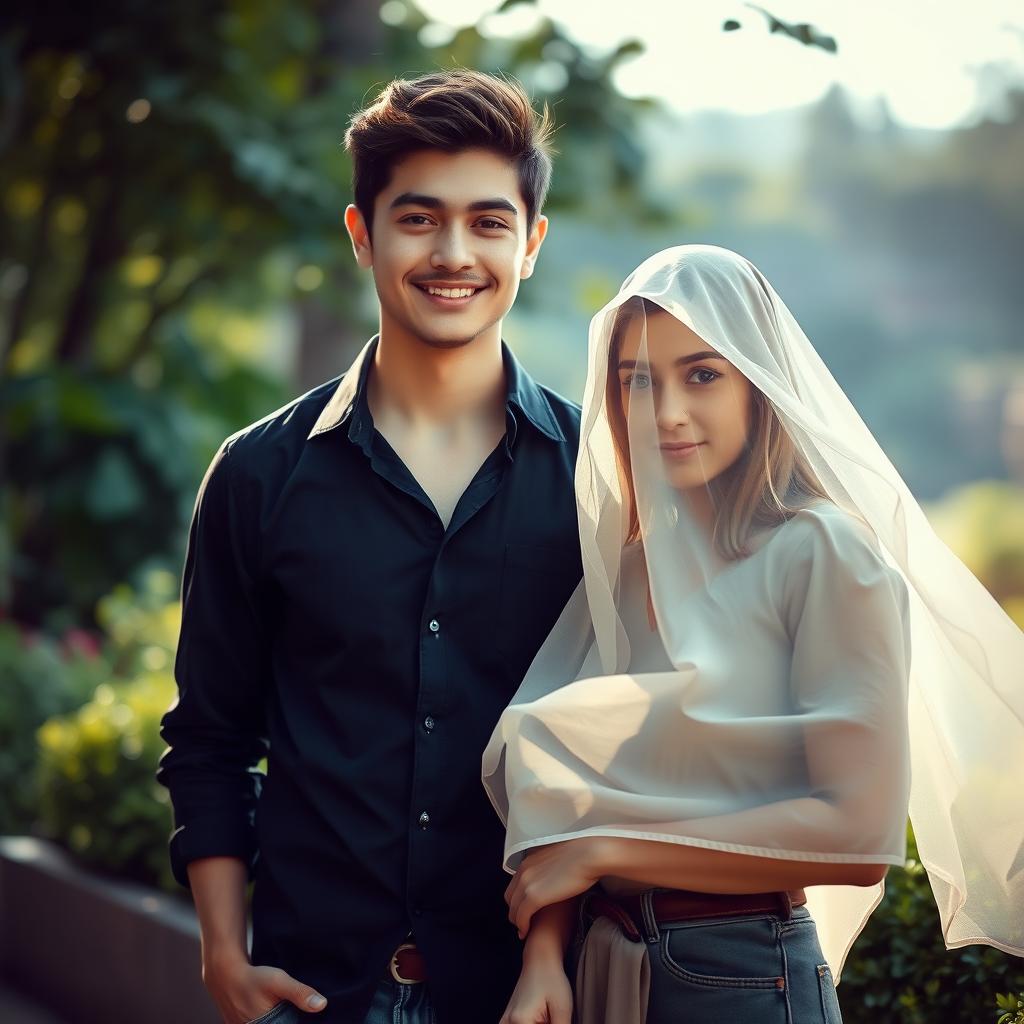 A handsome young man with a charming smile and bright eyes, standing next to a mysterious veiled girl whose expression is soft and contemplative