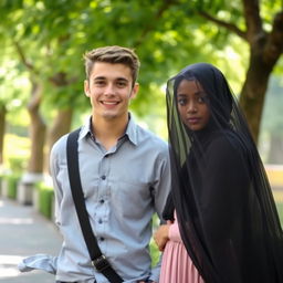 A handsome young man with a charming smile and bright eyes, standing next to a mysterious veiled girl whose expression is soft and contemplative