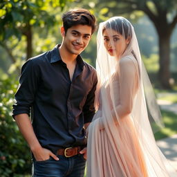 A handsome young man with a charming smile and bright eyes, standing next to a mysterious veiled girl whose expression is soft and contemplative