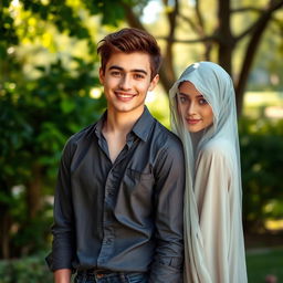 A handsome young man with a charming smile and bright eyes, standing next to a mysterious veiled girl whose expression is soft and contemplative