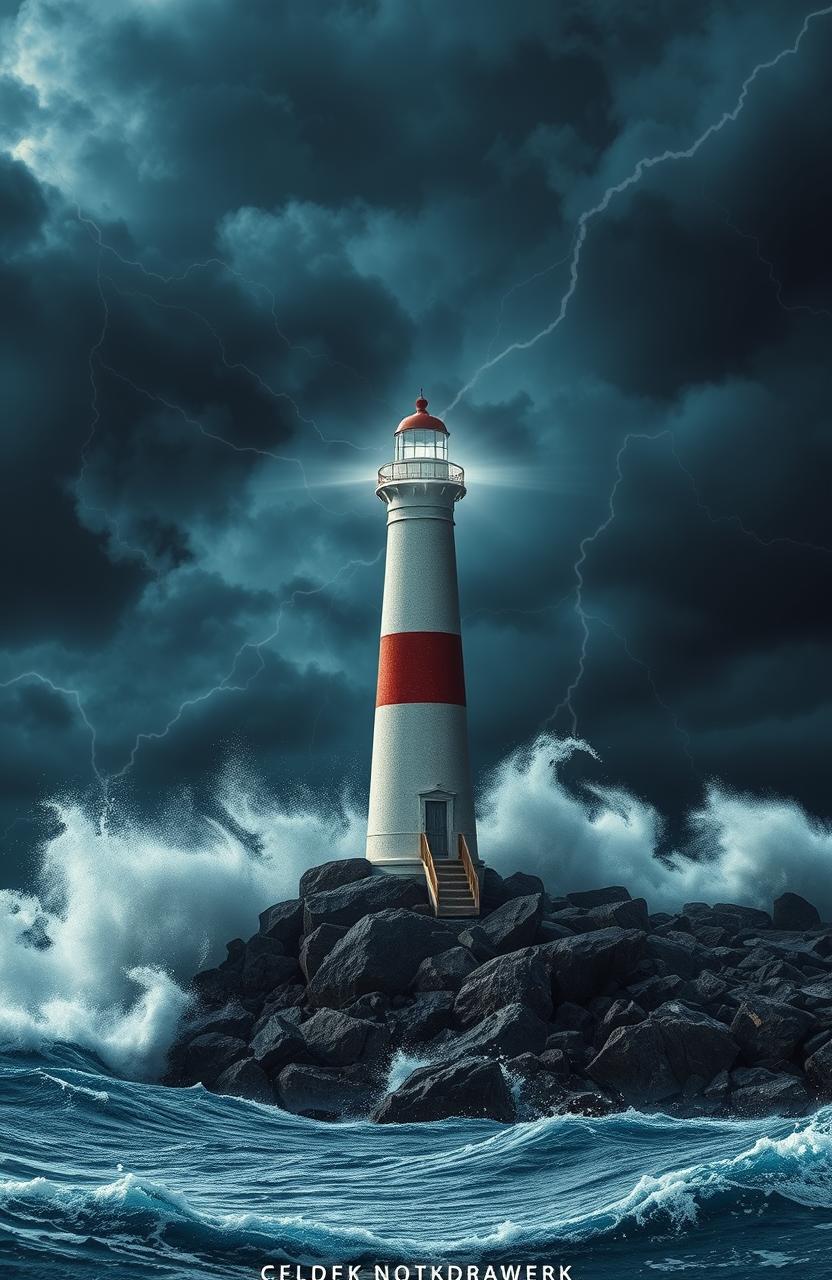 A dramatic scene featuring a tall lighthouse standing resolutely on a rocky shore during a fierce storm