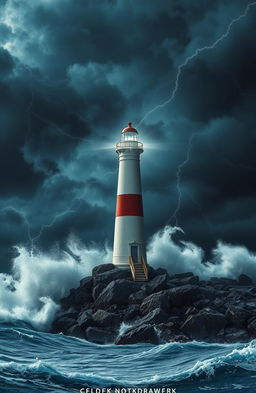 A dramatic scene featuring a tall lighthouse standing resolutely on a rocky shore during a fierce storm