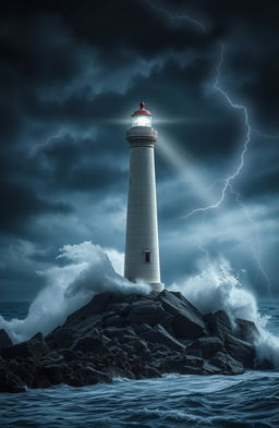 A dramatic scene featuring a tall lighthouse standing resolutely on a rocky shore during a fierce storm