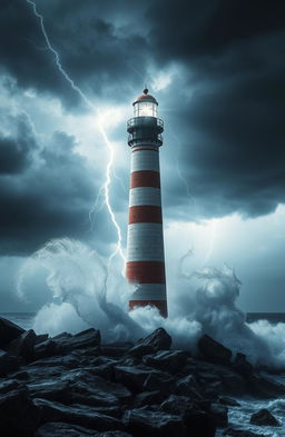 A dramatic scene featuring a tall lighthouse standing resolutely on a rocky shore during a fierce storm