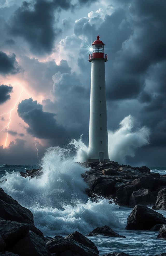 A dramatic scene featuring a tall lighthouse standing resolutely on a rocky shore during a fierce storm