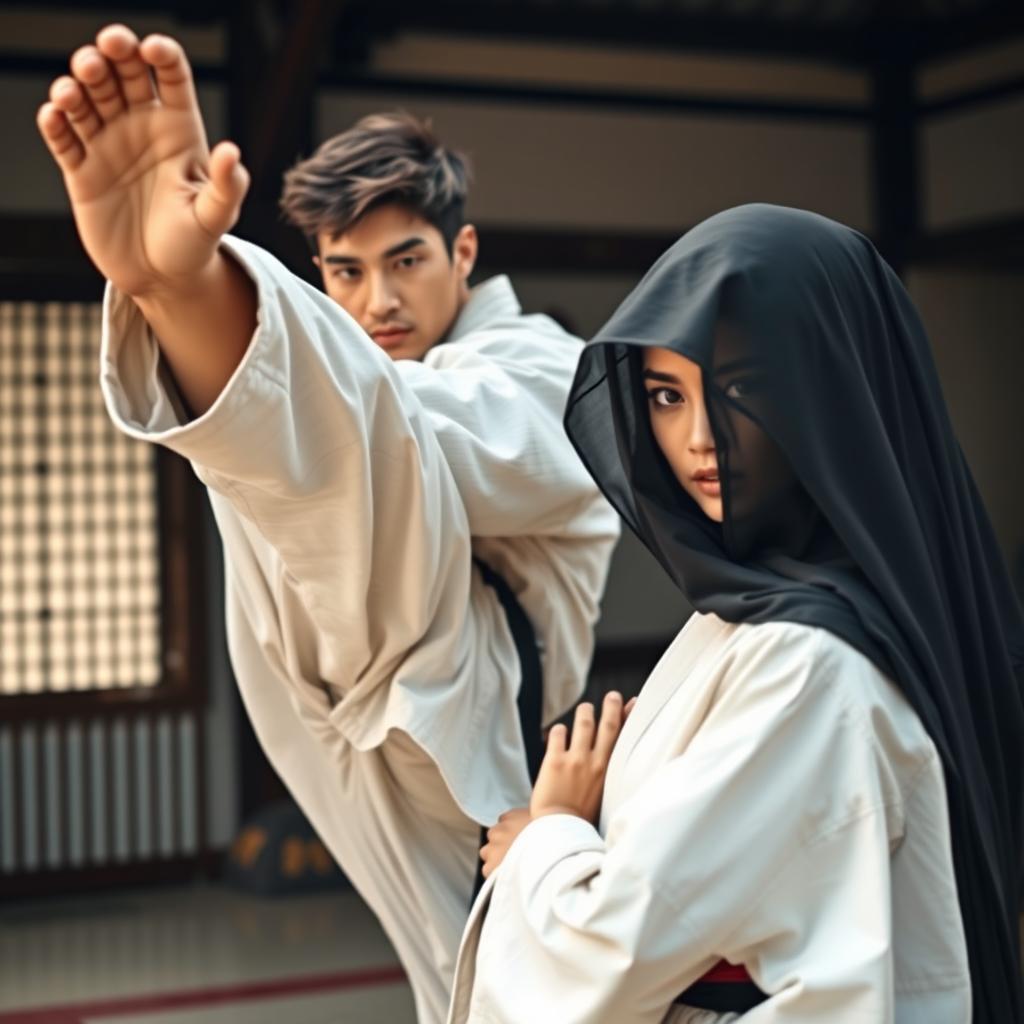 A handsome young man showcasing his martial arts expertise, in an action pose, demonstrating a high kick with intense concentration on his face