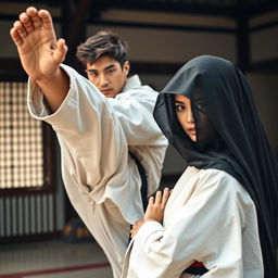 A handsome young man showcasing his martial arts expertise, in an action pose, demonstrating a high kick with intense concentration on his face